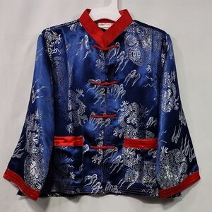 Dragon Print Han Tang Suit Boys 6 Blue Satin Retro Casual Holiday Party Event